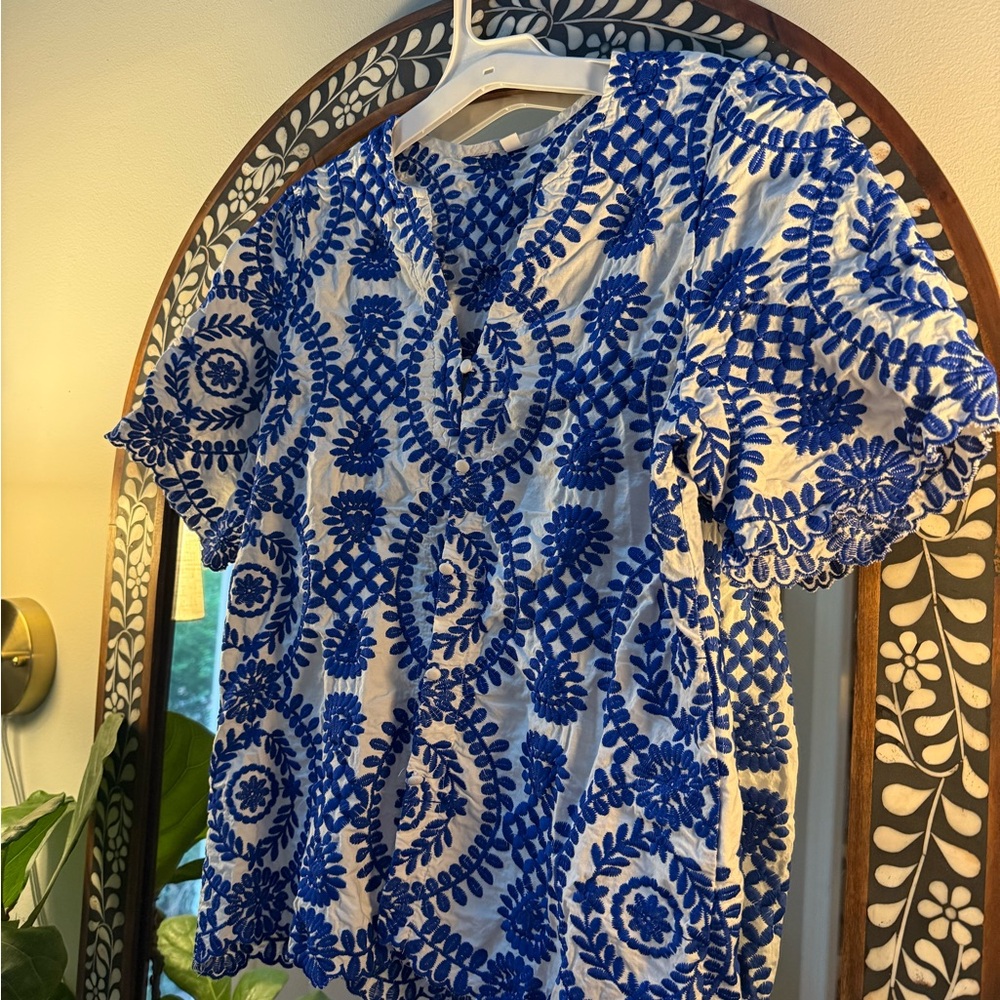 Blue and White Embroidered Women's Top